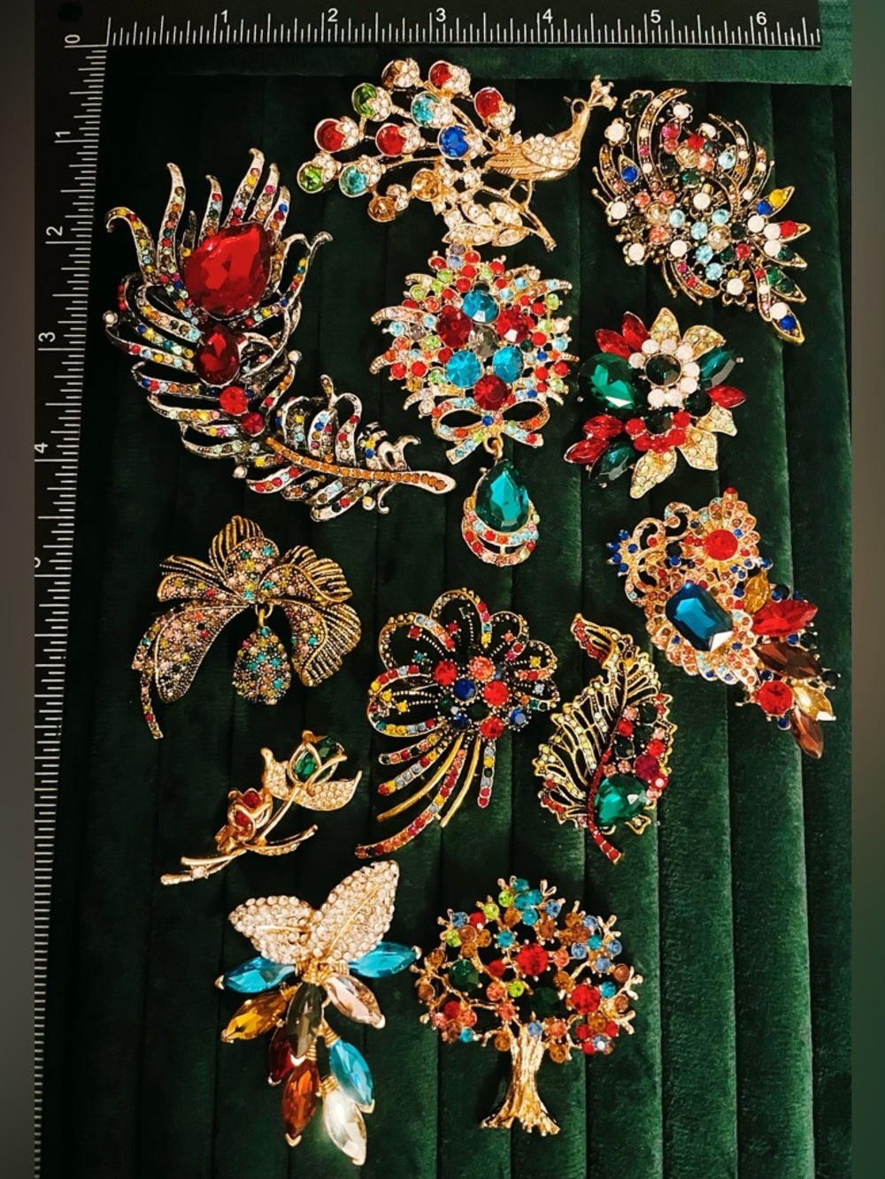 Lot 12 Vintage Style Brooches Rhinestone Peacock Flower Tree Crystal Jewelry